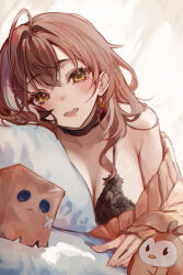 Rule 34 | 1girl, absurdres, bag, bed, black bra, bra, breasts, brown eyes, brown hair, casual, choker, earrings, food-themed earrings, friend (nanashi mumei), hashtag-only commentary, highres, hololive, hololive english, hooman (nanashi mumei), jewelry, large breasts, long hair, looking at viewer, nanashi mumei, naokomama, open mouth, paper bag, pillow, smile, solo, sweater, underwear, upper body, virtual youtuber