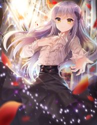 Rule 34 | 1girl, absurdres, bad id, bad pixiv id, bang dream!, black shirt, blurry, blurry background, blurry foreground, blush, brown eyes, butterfly hair ornament, chromatic aberration, closed mouth, commentary request, dated, dress shirt, ecu8080, fingernails, hair between eyes, hair ornament, highres, huge filesize, indoors, long hair, long sleeves, minato yukina, petals, purple hair, shirt, smile, solo, standing, sunlight, very long hair, white shirt