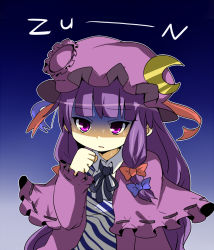 Rule 34 | 1girl, bow, bowtie, female focus, gloom (expression), gradient background, hair bow, hat, long hair, nervous, patchouli knowledge, pun2, purple eyes, purple hair, ribbon, solo, sweat, touhou, turn pale