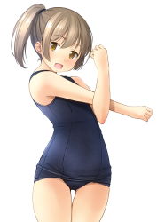 Rule 34 | 1girl, blue one-piece swimsuit, brown eyes, brown hair, commentary request, cowboy shot, flat chest, gluteal fold, highres, long hair, looking at viewer, old school swimsuit, one-piece swimsuit, original, ponytail, school swimsuit, shibacha, simple background, smile, solo, standing, stretching, swimsuit, thigh gap, thighs, white background
