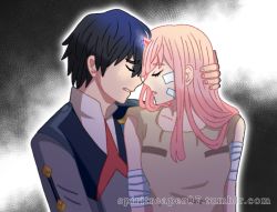 Rule 34 | 10s, 1boy, 1girl, bandaged arm, bandages, bandaid, bandaid on face, black hair, blue horns, closed eyes, couple, crying, darling in the franxx, face-to-face, facing another, forehead-to-forehead, hand on another&#039;s head, heads together, hetero, hiro (darling in the franxx), horns, long hair, looking at another, military, military uniform, necktie, nightgown, oni horns, pink hair, red horns, red neckwear, short hair, signature, sleeveless, spiritreaper07, tears, uniform, zero two (darling in the franxx)