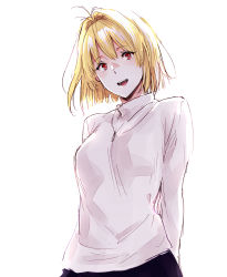 Rule 34 | 1girl, :d, absurdres, arcueid brunestud, arms behind back, blonde hair, breasts, check commentary, commentary request, from below, hair intakes, head tilt, highres, long sleeves, looking at viewer, medium breasts, napata, open mouth, red eyes, short hair, sketch, smile, solo, sweater, tsukihime, turtleneck, turtleneck sweater, upper body, white background, white sweater