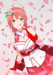 Rule 34 | 1girl, :p, absurdres, ahoge, bad id, bad pixiv id, bare shoulders, belt, belt buckle, breasts, brooch, buckle, c flat, cherry blossom print, cherry blossoms, cleavage, cleavage cutout, clothing cutout, finger to mouth, floral print, flower, green eyes, grey background, hair between eyes, hair flower, hair ornament, hairclip, highres, hololive, jewelry, looking at viewer, medium hair, miniskirt, nontraditional miko, one side up, petals, pink hair, pink skirt, sakura miko, sakura miko (old design), skirt, solo, tongue, tongue out, virtual youtuber