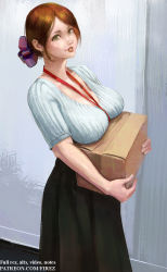 Rule 34 | 1girl, black skirt, box, breasts, brown hair, cardboard box, collarbone, english text, feet, firez, from side, hair ornament, holding, holding box, indoors, lanyard, large breasts, looking at viewer, medium hair, office lady, original, photo-referenced, realistic, shirt, short sleeves, skirt, solo, white shirt