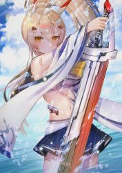 Rule 34 | 1girl, ayanami (azur lane), azur lane, bandaid, bandaid on arm, bare shoulders, blonde hair, blue sky, blush, breasts, closed mouth, cloud, cowboy shot, crop top, crop top overhang, detached sleeves, hair between eyes, hair ornament, hanato (seonoaiko), headgear, highres, holding, holding sword, holding weapon, long hair, looking at viewer, navel, orange eyes, partially submerged, pleated skirt, ponytail, rigging, school uniform, serafuku, shirt, skirt, sky, small breasts, solo, splashing, standing, star (symbol), stomach, sword, thighhighs, thighs, twitter username, upper body, wading, water drop, weapon, white shirt, white thighhighs, wide sleeves