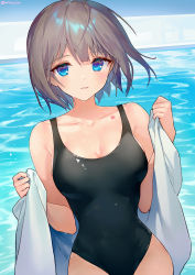 Rule 34 | 1girl, ainy, artist name, bare shoulders, black one-piece swimsuit, blue eyes, blush, breasts, chest tattoo, cleavage, collarbone, commentary request, grey hair, highres, looking at viewer, medium breasts, one-piece swimsuit, original, parted lips, short hair, solo, star tattoo, swimsuit, tattoo, twitter username, upper body, water