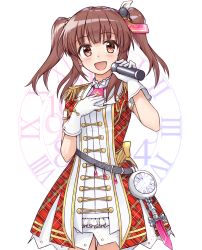Rule 34 | 10s, 1girl, across the stars, belt, blush, brown eyes, brown hair, clock, dress, epaulettes, feather hair ornament, feathers, gloves, feather hair ornament, hair ornament, highres, idolmaster, idolmaster cinderella girls, idolmaster cinderella girls starlight stage, looking at viewer, ogata chieri, open mouth, plaid, plaid dress, pocket watch, short hair, short sleeves, shunichi, smile, solo, twintails, watch, white gloves