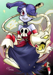 Rule 34 | 1girl, artist request, blue skin, blush, colored skin, corset, detached sleeves, dress, hair over one eye, leviathan (skullgirls), monster girl, ponytail, purple hair, red eyes, side ponytail, skull, skullgirls, solo, squigly (skullgirls), stitched mouth, stitches, striped legwear, striped sleeves, zombie