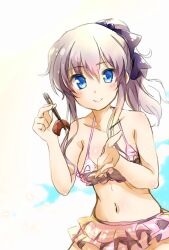 Rule 34 | 1girl, alternate costume, bare arms, bikini, blue eyes, blue ribbon, blush, breasts, ca2la, charlotte (anime), chopsticks, closed mouth, collarbone, commentary request, commission, cowboy shot, curvy, eyelashes, eyes visible through hair, frilled bikini, frills, grey hair, hair between eyes, hair ribbon, hands up, highres, holding, holding chopsticks, incoming food, long hair, looking at viewer, medium breasts, navel, pink bikini, ponytail, ribbon, sidelocks, simple background, smile, solo, standing, stomach, swimsuit, tomori nao, wavy hair, white background