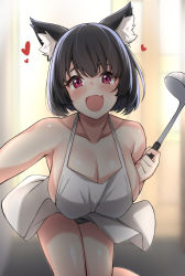 Rule 34 | 1girl, animal ear fluff, animal ears, apron, azur lane, bad id, bad pixiv id, bare shoulders, black hair, blush, breasts, cat ears, cleavage, cleavage cutout, clothing cutout, collarbone, fang, heart, highres, holding, holding ladle, ladle, leaning, looking at viewer, naked apron, open mouth, smile, solo, spicy moo, yamashiro (azur lane)