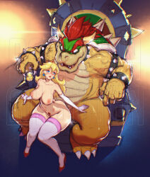 Rule 34 | 1boy, 1girl, armlet, biceps, blonde hair, blue eyes, bowser, bracelet, breasts, collar, crown, elbow gloves, gloves, highres, horns, interspecies, jewelry, jummy, large breasts, mario (series), mini crown, nintendo, nude, super star (mario), princess peach, pubic tattoo, red hair, reverse upright straddle, sex, sex from behind, spiked armlet, spiked bracelet, spiked collar, spiked shell, spikes, super mario bros. 1, super star (mario), tattoo, thick eyebrows, thick thighs, thighhighs, thighs, throne, watermark, wide hips