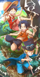 Rule 34 | 3boys, aged down, bandages, black hair, blonde hair, brothers, east blue, freckles, hat, jolly roger, lizard, male focus, monkey d. luffy, multiple boys, nyuu men, one piece, outdoors, plant, pole, portgas d. ace, sabo (one piece), sandals, shorts, siblings, straw hat, top hat, torn clothes