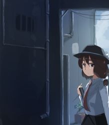 Rule 34 | 1girl, black skirt, blue sky, book, bow, brown eyes, brown hair, cloud, collared shirt, day, drainpipe, expressionless, eyebrows, fedora, hair bow, hat, hat bow, heiya, holding, holding book, industrial pipe, looking at viewer, looking to the side, necktie, plant, potted plant, red necktie, shirt, short hair, skirt, sky, solo, touhou, usami renko, vent (object), white shirt