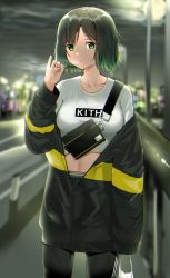 Rule 34 | 1girl, bag, black jacket, black pants, blurry, blurry background, breasts, cigarette, city lights, clothes writing, commentary request, cropped shirt, depth of field, green eyes, green hair, holding, holding cigarette, jacket, long sleeves, looking at viewer, medium breasts, midriff, night, off shoulder, open clothes, open jacket, original, outdoors, pants, paper bag, parted lips, shirt, short hair, sleeves past fingers, sleeves past wrists, smoke, smoking, solo, standing, standing on one leg, suzuharu toufu, white shirt