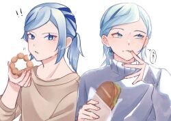 Rule 34 | !, !!, 1boy, alternate costume, blue hair, blush, commentary request, creatures (company), eating, eyelashes, food, game freak, grey sweater, grusha (pokemon), highres, holding, holding food, licking, licking finger, looking at viewer, male focus, medium hair, mocacoffee 1001, multiple views, nintendo, pokemon, pokemon sv, ponytail, simple background, sweater, tongue, tongue out, upper body, white background