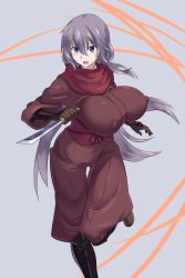 Rule 34 | 1girl, blue background, breasts, covered erect nipples, dragon yukano, full body, grey eyes, grey hair, highres, huge breasts, impossible clothes, knife, long hair, mizuumi (bb), ninja, ninja slayer, open mouth, simple background, solo, standing, standing on one leg, very long hair