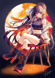Rule 34 | 1girl, arm behind head, arm up, bare shoulders, black footwear, black hair, boots, breasts, chair, closed mouth, crop top, crossed legs, earrings, full body, full moon, hair ornament, hairclip, hat, highres, jacket, jewelry, large breasts, long hair, looking at viewer, midriff, moon, multicolored hair, off shoulder, open clothes, open jacket, original, oshioshio, red eyes, red hair, signature, sitting, sleeveless, solo, stomach, very long hair, white jacket
