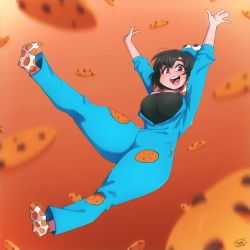 Rule 34 | 1girl, arms up, black hair, blush, breasts, brown eyes, character request, cookie monster, cookie monster (cosplay), copyright request, cosplay, highres, large breasts, looking at viewer, open mouth, ryou sakai, sesame street, short hair, smile, socks, solo, teeth, upper teeth only