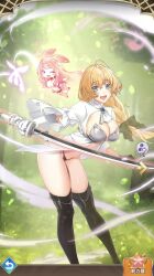 Rule 34 | blonde hair, breasts, cleavage, green eyes, large breasts, long hair, melona (queen&#039;s blade), nanashi (queen&#039;s blade), navel, official art, open mouth, queen&#039;s blade, queen&#039;s blade limit break, revealing clothes, smile, sword, weapon