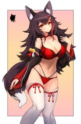 Rule 34 | 1girl, animal ear fluff, animal ears, bell, black hair, border, bra, breasts, choker, cleavage, collarbone, detached sleeves, groin, hair ornament, highres, hololive, large breasts, long hair, looking at viewer, multicolored hair, navel, notte, ookami mio, panties, red bra, red choker, red hair, red panties, red ribbon, ribbon, solo, stomach, streaked hair, tail, tassel, thighhighs, underwear, underwear only, virtual youtuber, white border, white thighhighs, wolf ears, wolf girl, wolf tail, yellow eyes
