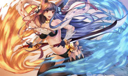 Rule 34 | 10s, 1girl, animal ears, asato (fadeless), bell, breasts, dual wielding, erune, fox ears, gloves, granblue fantasy, hair ornament, holding, katana, long hair, open mouth, red eyes, reverse grip, solo, sword, tail, thighhighs, weapon, yuel (granblue fantasy)
