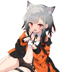 Rule 34 | 1girl, :d, animal ears, bandeau, black gloves, black hair, black jacket, black shorts, commission, detached collar, extra ears, fingerless gloves, gloves, gradient hair, grey hair, highres, hizuki hino, indie virtual youtuber, itsukiha, jacket, long sleeves, looking at viewer, multicolored clothes, multicolored hair, multicolored jacket, navel, off shoulder, open clothes, open jacket, open mouth, orange jacket, red eyes, red hair, second-party source, short hair with long locks, short shorts, shorts, sitting, skeb commission, smile, stomach, thigh strap, two-tone jacket, virtual youtuber, white bandeau, wolf ears, wolf girl