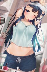Rule 34 | 1girl, armpits, arms up, bathroom, black eyes, black hair, black shorts, blue camisole, blush, breasts, camisole, clothes lift, collarbone, commentary request, highres, indoors, lifted by self, long hair, midriff, minato ojitan, mirror, mouth hold, navel, original, panties, reflection, shirt, shirt lift, short shorts, shorts, sleepy, small breasts, solo, standing, toothbrush, underwear, undressing, washing machine, white shirt