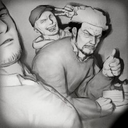 Rule 34 | 3boys, :p, baseball cap, beard stubble, birthday, cake, facial hair, food, from side, frown, goatee, golden kamuy, greyscale, hat, large pectorals, looking at viewer, male focus, mature male, monochrome, multicolored hair, multiple boys, mustache, nihei tetsuzou, old, old man, pectorals, sanpaku, selfie, shiraishi yoshitake, short hair, smile, stubble, sweater, tanigaki genjirou, thick eyebrows, thumbs up, tongue, tongue out, two-tone hair, upper body, v, v-shaped eyebrows, zoku bu