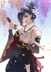 Rule 34 | 1boy, androgynous, blue hair, blue sky, cherry blossoms, dark blue hair, fire emblem, fire emblem engage, grey eyes, highres, holding, holding sword, holding weapon, japanese clothes, kagetsu (fire emblem), katana, looking at viewer, magatama print, nintendo, outdoors, plant, ponytail, pov, samurai, sky, smile, solo, sword, topknot, weapon, yiki1997326
