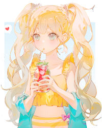 Rule 34 | 1girl, absurdres, bare shoulders, bendy straw, bikini, blonde hair, blue background, blue jacket, character request, closed mouth, collarbone, cup, drinking straw, frilled bikini, frills, green eyes, heart, highres, holding, holding cup, huion, jacket, long hair, long sleeves, looking away, off shoulder, open clothes, open jacket, pino ko, solo, spoken heart, swimsuit, twintails, two-tone background, very long hair, wet, wet hair, white background, yellow bikini