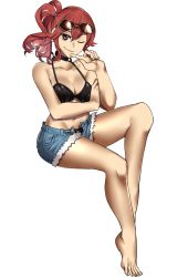 Rule 34 | 1girl, absurdres, anna (fire emblem), barefoot, bikini, bikini top only, breasts, brown eyes, choker, cleavage, closed mouth, denim, denim shorts, ebinku, eyewear on head, fire emblem, fire emblem heroes, full body, highres, long hair, medium breasts, navel, nintendo, one eye closed, open clothes, open shorts, ponytail, red hair, shorts, simple background, smile, smirk, solo, sunglasses, swimsuit, white background, wink