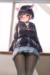 Rule 34 | 1girl, animal ears, arm support, backlighting, black hair, black jacket, black pantyhose, blue archive, blue skirt, blush, closed mouth, commentary request, green sailor collar, halo, highres, hood, hood down, hooded jacket, jacket, kazusa (blue archive), long sleeves, looking at viewer, mctom, multicolored hair, nose blush, panties, panties under pantyhose, pantyhose, pleated skirt, puffy long sleeves, puffy sleeves, red eyes, red hair, sailor collar, short hair, skirt, solo, sunlight, two-tone hair, underwear, upskirt, white panties, window