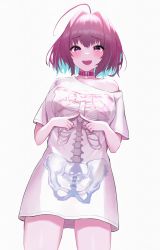 Rule 34 | 1girl, :d, absurdres, ahoge, blue hair, blush, bob cut, bone print, cowboy shot, fang, fingers together, furrowed brow, hair intakes, highres, idolmaster, idolmaster cinderella girls, kurage (yoni 0327), leather choker, looking at viewer, multicolored hair, no pants, open mouth, oversized clothes, oversized shirt, pink hair, print shirt, shirt, simple background, single bare shoulder, smile, solo, two-tone hair, white background, yumemi riamu