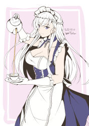 Rule 34 | 1girl, artist name, azur lane, belfast (azur lane), breasts, cleavage, cup, dated, elbow gloves, gloves, grey hair, highres, large breasts, long hair, looking at viewer, maid, maid headdress, pouring, purple eyes, solo, taira yuuki, tea, teacup, white gloves