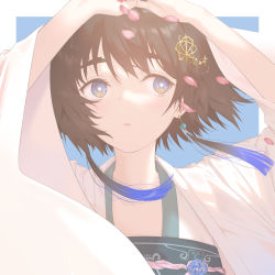 Rule 34 | 1girl, alternate costume, alternate headwear, black hair, blue background, blue eyes, cherry blossoms, earrings, falling petals, hair ornament, highres, jewelry, looking afar, marsirome, open mouth, petals, portrait, shiina mayuri, short hair, simple background, solo, steins;gate, wind