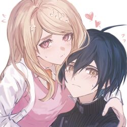 Rule 34 | 1boy, ahoge, akamatsu kaede, backpack, bag, black hair, blush, danganronpa (series), danganronpa v3: killing harmony, embarrassed, fu ga (vivi912912), hair between eyes, heart, highres, jacket, long sleeves, necktie, pink sweater vest, saihara shuichi, shirt, short hair, sweatdrop, sweater vest, upper body