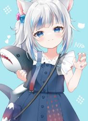 Rule 34 | 1girl, :3, animal ears, bag, blue background, blue dress, blue eyes, blue hair, blue nails, cat ears, claw pose, dress, gawr gura, gawr gura (casual), hair ornament, handbag, highres, holding, holding stuffed toy, hololive, hololive english, looking at viewer, multicolored hair, nail polish, official alternate costume, shoulder bag, side ponytail, silver hair, solo, streaked hair, stuffed animal, stuffed shark, stuffed toy, upper body, virtual youtuber, yuni (irohasuiroiro)