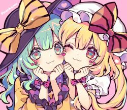 Rule 34 | 2girls, black headwear, blonde hair, bow, cheek-to-cheek, closed mouth, commentary, flandre scarlet, green hair, hands up, hat, hat bow, heads together, heart, heart-shaped pupils, komeiji koishi, kyouda suzuka, long hair, looking at viewer, mob cap, multiple girls, one eye closed, pink bow, red bow, red eyes, shirt, short sleeves, smile, symbol-shaped pupils, third eye, touhou, twitter username, upper body, white shirt, yellow bow, yellow shirt