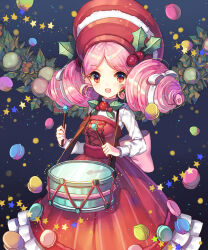 Rule 34 | 1girl, artist request, bow, bowtie, braid, braided bun, cookie run, double bun, dress, drill hair, drum, drumsticks, food, green bow, hair bun, happy, hat, humanization, instrument, looking at viewer, macaron, macaron cookie, non-web source, open mouth, personification, pink hair, red eyes, red hat, smile, solo, twin drills