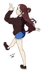 Rule 34 | 1girl, brown hair, dated, denim, denim shorts, floating hair, from behind, full body, grin, hood, jacket, kagari atsuko, little witch academia, long hair, looking at viewer, looking back, red eyes, shoes, shorts, signature, simple background, smile, sneakers, solo, teeth, tsukudani (coke-buta), w, walking, white background