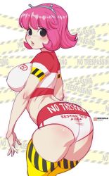 Rule 34 | 1girl, ass, blush, bokuman, breasts, brown eyes, large breasts, looking at viewer, looking back, midriff, parted lips, pink hair, short hair, solo, thighhighs