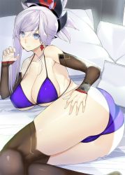 Rule 34 | 1girl, ass, asymmetrical hair, bed sheet, bikini, black thighhighs, blue bikini, blue eyes, blush, breasts, brown thighhighs, cleavage, collarbone, detached sleeves, earrings, fate/grand order, fate (series), hair ornament, hand on own ass, jewelry, large breasts, long hair, looking at viewer, lying, miyamoto musashi (fate), ponytail, silver hair, solo, swimsuit, takatou suzunosuke, thighhighs