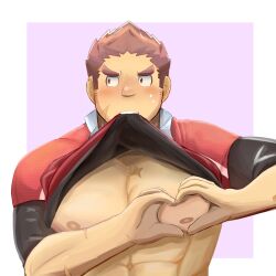 Rule 34 | 1boy, abs, absurdres, averting eyes, bara, bare pectorals, clothes in mouth, facial hair, facial scar, goatee, heart, heart-shaped boob challenge, heart hands, highres, konpei daidai, large pectorals, lifting own clothes, long sideburns, male focus, mouth hold, muscular, muscular male, nervous sweating, nipples, pectorals, rugby uniform, scar, scar on cheek, scar on face, shirt in mouth, short hair, shy, sideburns, sideburns stubble, solo, sportswear, stubble, sweat, tamamura gunzo, thick eyebrows, tokyo houkago summoners, upper body, v-shaped eyebrows