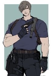 Rule 34 | 1boy, belt, black gloves, black pants, black shirt, brown belt, brown hair, closed mouth, curtained hair, fingerless gloves, gloves, gun, highres, holding, holding gun, holding weapon, knife sheath, leon s. kennedy, male focus, muscular, muscular male, on (isk1812), pants, resident evil, resident evil 4, resident evil 4 (remake), sheath, shirt, short hair, solo, watch, weapon, wristwatch