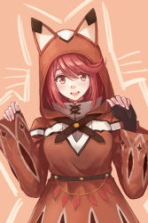 Rule 34 | 1girl, :d, animal hood, belt, black gloves, blush, cloak, commentary, earrings, english commentary, fingerless gloves, fingernails, gloves, hands up, highres, hood, hooded cloak, jewelry, long hair, long sleeves, looking at viewer, nail polish, nintendo, open mouth, pink background, pyra (xenoblade), red eyes, red hair, redpoke, short hair, sleeves past wrists, smile, solo, upper body, white nails, xenoblade chronicles (series), xenoblade chronicles 2, xenoblade chronicles (series), xenoblade chronicles 2