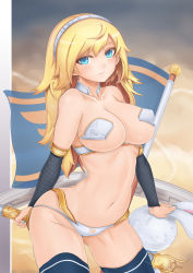 Rule 34 | 1girl, absurdres, aqua eyes, bad id, bad pixiv id, black thighhighs, blonde hair, blush, breasts, cowboy shot, detached sleeves, flag, hairband, highres, large breasts, league of legends, lux (league of legends), navel, oni-noboru, panties, revision, solo, stuffed animal, stuffed toy, teemo, thighhighs, underwear, white panties