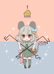 Rule 34 | 1girl, animal ears, basket, bow, capelet, dowsing rod, full body, grey hair, holding, jewelry, long sleeves, looking at viewer, mouse ears, mouse tail, nazrin, open mouth, shirt, short hair, skirt, solo, sparkle, standing, striped, tail, teeth, touhou, upper teeth only, yaco (nuitnotte)