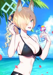 Rule 34 | 1girl, alternate hairstyle, animal ear fluff, animal ears, bare shoulders, blonde hair, blue archive, blue eyes, breasts, cleavage, cloud, collarbone, commentary request, cup, day, flower, food, hair over one eye, halo, halterneck, hands up, holding, holding cup, holding spoon, horizon, kanna (blue archive), large breasts, long hair, looking at viewer, navel, ocean, open mouth, outdoors, petals, ponytail, sharp teeth, shaved ice, solo, spoon, teeth, tongue, tongue out, tree, upper body, yuura