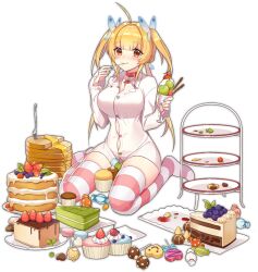 Rule 34 | 1girl, ahoge, ark order, artist request, beelzebub (ark order), blonde hair, blunt bangs, blush, breasts, butterfly hair ornament, buttons, cake, candy, candy wrapper, checkerboard cookie, chocolate, collar, convenient censoring, cookie, cream, cream on face, cup, cupcake, dessert, dress shirt, food, food on face, fork, fruit, full body, hair ornament, heart button, holding, holding cup, holding spoon, ice cream, large breasts, long sleeves, low twintails, matcha (food), muffin, multicolored nails, nail polish, official art, pancake, pancake stack, parfait, plate, red eyes, shirt, sidelocks, simple background, sitting, skindentation, solo, spoon, strawberry, striped clothes, striped thighhighs, tachi-e, thighhighs, tiered tray, too much food, transparent background, twintails, two side up, utensil in mouth, wafer stick, wariza, whipped cream, white shirt