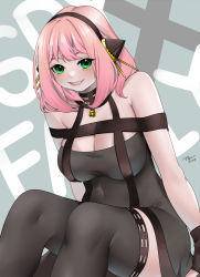 Rule 34 | 1girl, aged up, anya (spy x family), bare shoulders, black dress, black gloves, black hairband, black thighhighs, blush, breasts, cleavage, commentary request, cosplay, covered navel, dress, feet out of frame, fiodrawing, gloves, green eyes, grey background, grin, hairband, highres, large breasts, looking at viewer, pencil dress, pink hair, short hair, sitting, smile, solo, spy x family, thighhighs, thighs, yor briar, yor briar (cosplay)